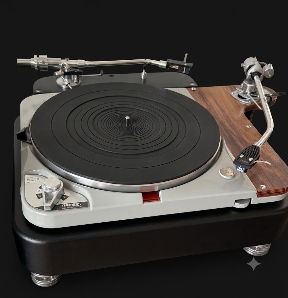 The restored Thorens TD-124: a cream Swiss chassis with a heavy black platter and a pair of tonearms, mounted on a black leather-wrapped plinth with chrome feet.